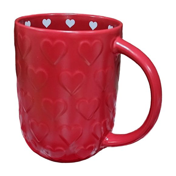 Valentines Day Red Ceramic Coffee Mug Embossed And Printed Hearts Around  16 Oz - Picture 5 of 8